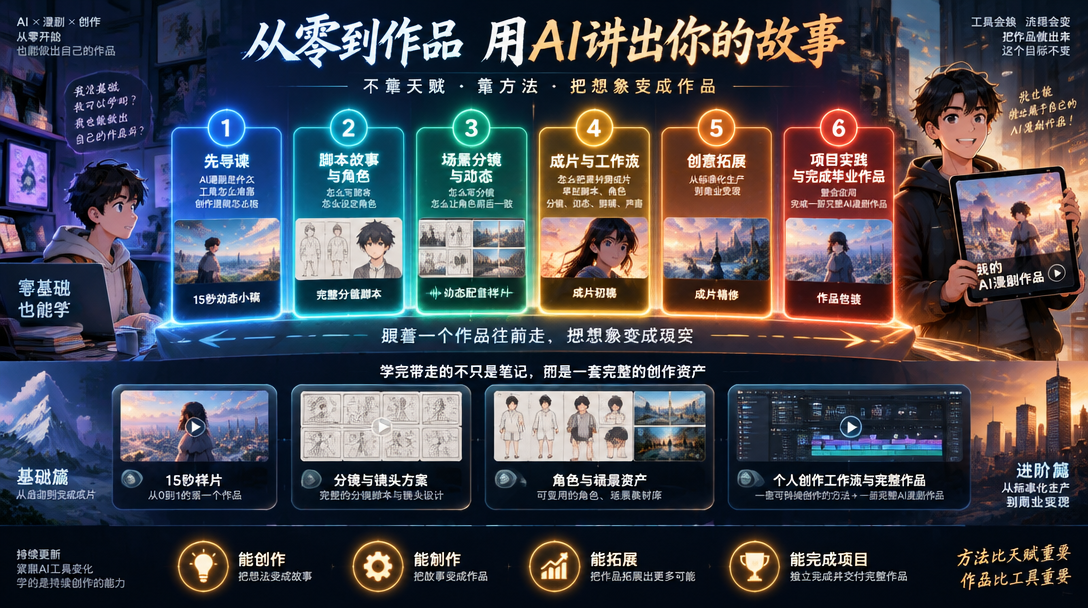 AI漫剧创作实战营教学服务配置：先导课预习、直播带练、5对1服务、作业批改、2年回放