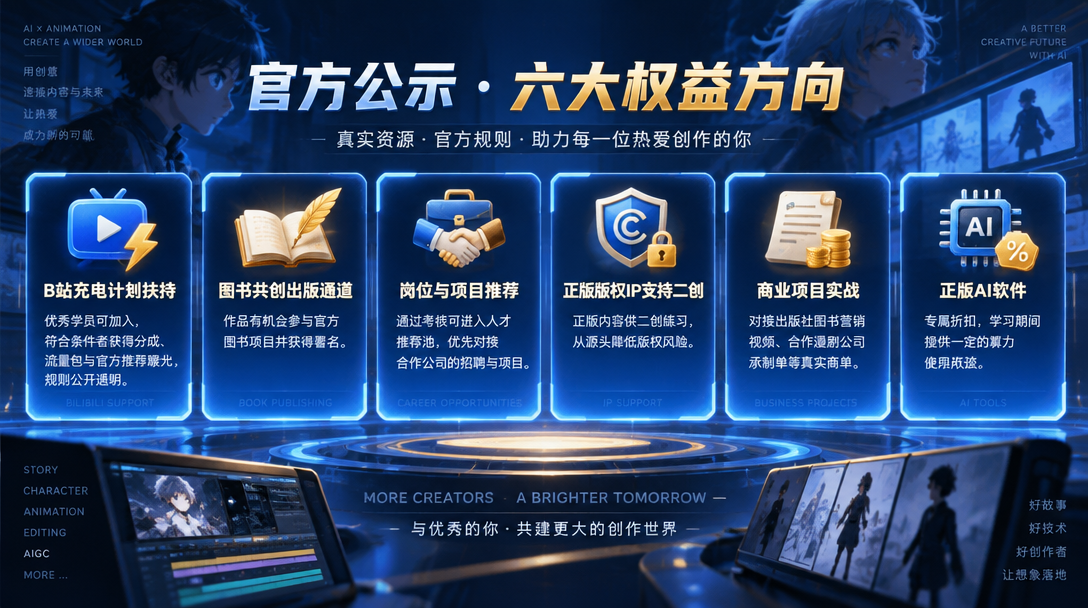 AI漫剧创作实战营教学服务配置：先导课预习、直播带练、5对1服务、作业批改、2年回放