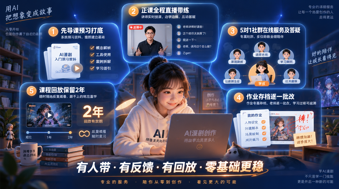 AI漫剧创作实战营教学服务配置：先导课预习、直播带练、5对1服务、作业批改、2年回放